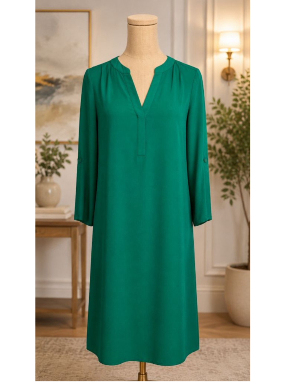 Cupio Emerald Green Tunic Shirt Dress Roll Tab Sleeves V Neck Casual Size S